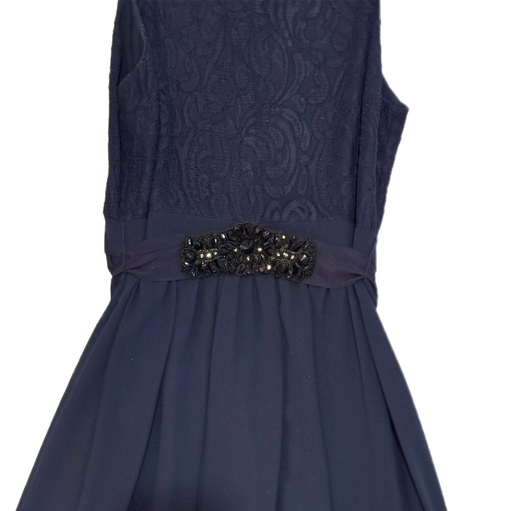Belle Badgley Mischka Navy Lace & Chiffon Gown Beaded Waist Satin tie size 10